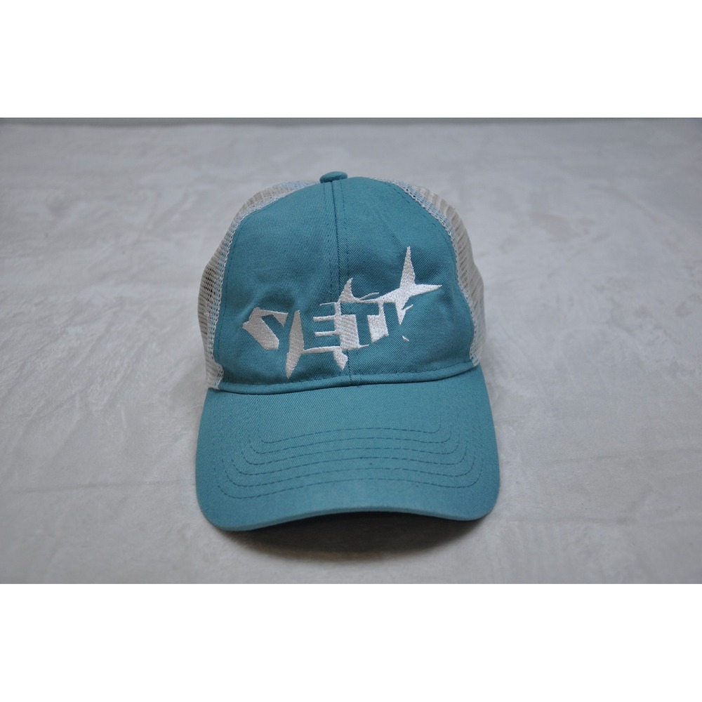 YETI Hat Cap Snap Back Blue White Mesh‎ Trucker Embroidered Shark Fishing Mens